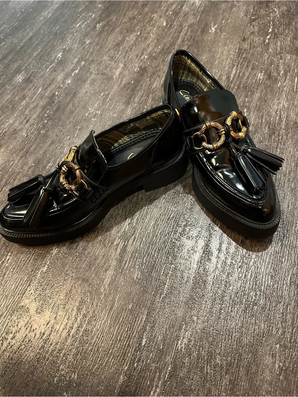 Circus by Sam Edelman Black Patent Loafers with Gold Chain and Black Tassels